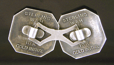 Rear view of antique sterling cufflinks with 18kt gold M initials. (J6503)
