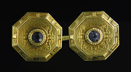 Antique cufflinks with Sapphires and Arabesque designs crafted in 14kt gold. (J7482)