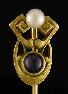 Brassler Sapphire and Pearl stickpin. (J9092)