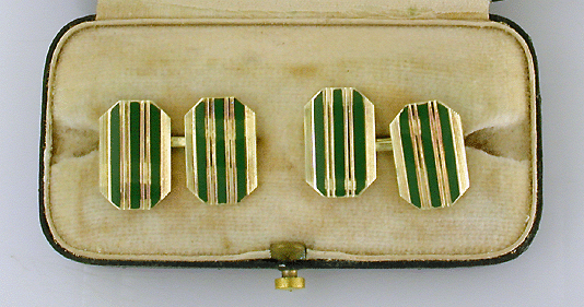 Carrington 14kt gold and green enamel cufflinks. (J7444)