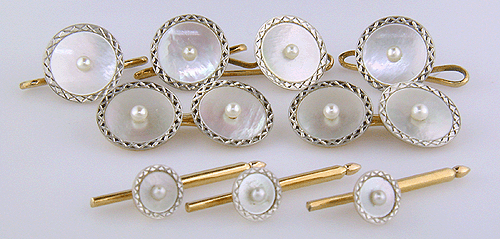 Carrington mother-of-pearl and pearl dress set crafted in platinum and 14kt yellow gold. (J8534)