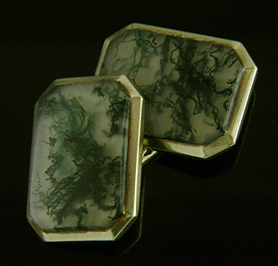 Carter, Howe Moss Agate cufflinks crafted in 14kt yellow gold. (J8772)