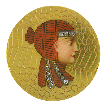 Victorian Egyptian Revival gold brooch with enamel portrait. (J7411)