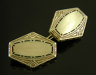 Frank Krementz Art Deco enamel cufflinks crafted in 14kt gold. (J9026)
