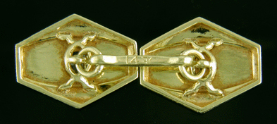 Rear view of Frank Krementz Art Deco enamel cufflinks crafted in 14kt gold. (J9026)