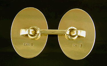 Rear view of elegantly engraved cufflinks crafted in 14kt yellow gold. (J7221)