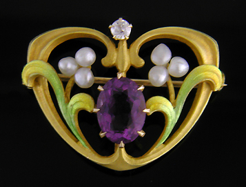 Krementz Art Nouveau amethyst and pearl brooch. (J9052)