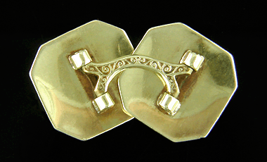 Rear view of antique 14kt yellow gold and green enamel Larter cufflinks. (J7399)