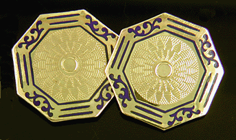 Antique gold cufflinks with blue enamel scrolls. (J7442)