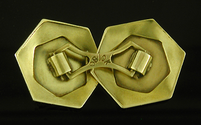 Hexagonal gold cufflinks with black enamel tracery. (J9282)