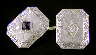 Elegantly engraved sapphire and diamond cufflinks. (J9039)