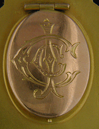 Close-up of monogram.