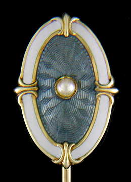 Edwardian guilloche enamel and pearl stickpin. (J9108)