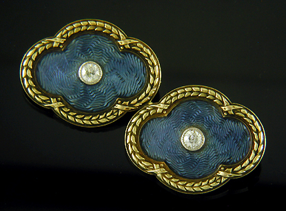 Whiteside & Blank blue guilloche enamel and diamond cufflinks. (J9227)